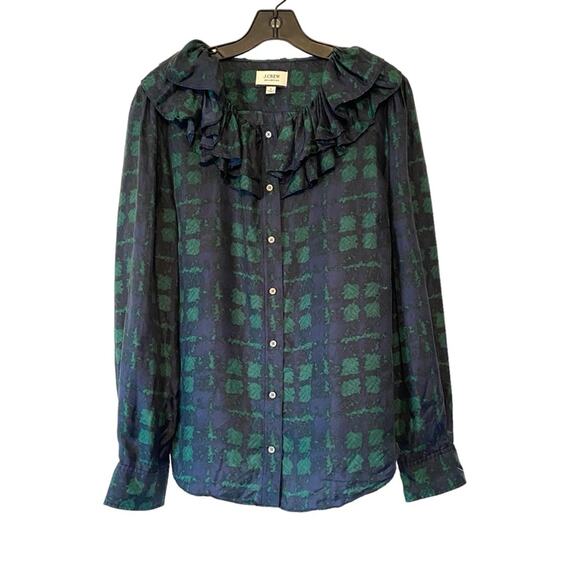 J. Crew Collection Sueded Silk Plaid Ruffle Collar Green Blue Plaid Blouse Large - Picture 2 of 8